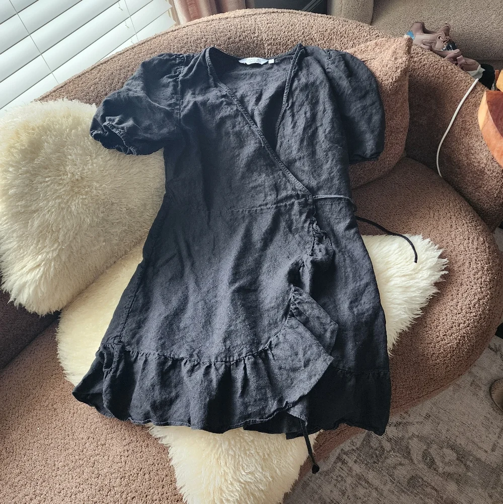 And Other Stories Black Linen Ruffled Mini Wrap Dress